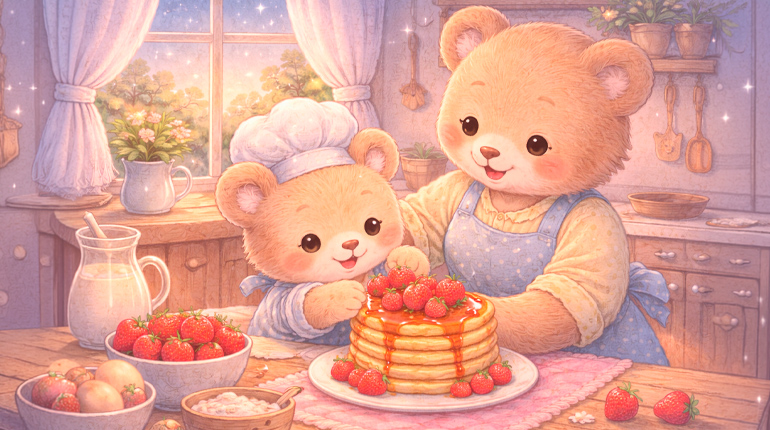 Ilustração principal de O Ursinho e as Panquecas de Morango