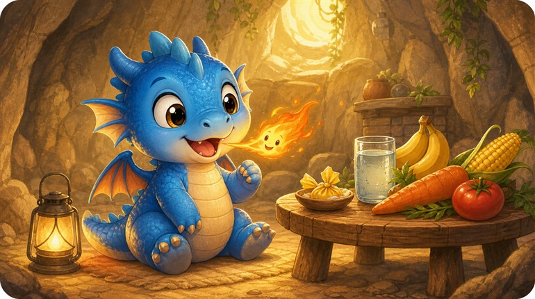 Ilustração principal de Téo, o Dragão Comilão